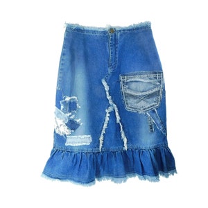 patchwork Denim Skirt-Upcycled Women&#39;s Jean Skirt- Denim OOAK Designer skirt, Blue denim skirt -Recycled Jeans  skirt - Size 5-6 -    # 27