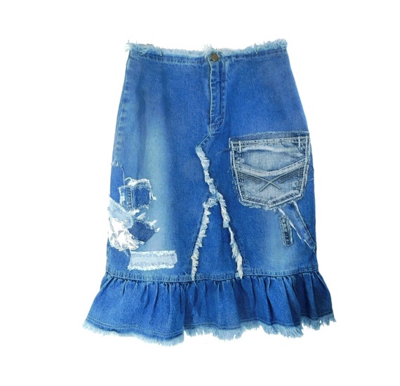 patchwork Denim Skirt-Upcycled Women's Jean Skirt-