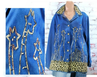 Jeansshirt jeansblau -jeansblau -jeans shirt -giraffe jeans shirt -langarm Jeans Shirt -lässiges Shirt - Frauen 18-20 # S 14