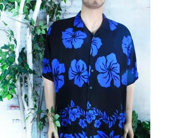 Vintage floral print shirt men -Hawaiian shirt men, vintage blue flower Vacation shirt - Hawaii Short Sleeve shirt -size 4 XL shirt  # 39