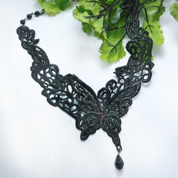 Black Lace Necklace Choker, Choker Necklace -butterfly Necklace, Steam punk, Retro, Boho, Gothic, Mid-Century, Victorian- Fashion Jewelry