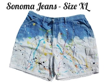 high waisted jean shorts - size 8 shorts- Boho denim shorts - OOAK shorts -hand painted shorts - denim shorts - free people shorts - ?next