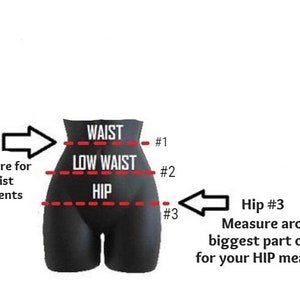 May include: Diagram showing how to measure waist and hip sizes. The diagram shows a black mannequin with red dashed lines indicating where to measure. The text indicates to measure the waist at the narrowest point and the hip at the widest point.