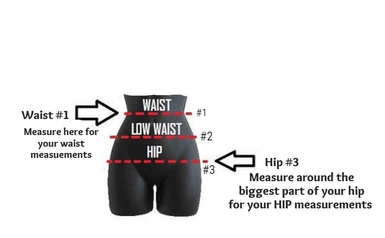 May include: Diagram showing how to measure waist and hip sizes. The diagram shows a black mannequin with red dashed lines indicating where to measure. The text indicates to measure the waist at the narrowest point and the hip at the widest point.