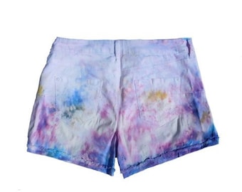 Tie Dyed White shorts -size 15 shorts- Summer Jean Short -cut off shorts -art to wear -booty shorts - hand painted Hippie denim- # 15