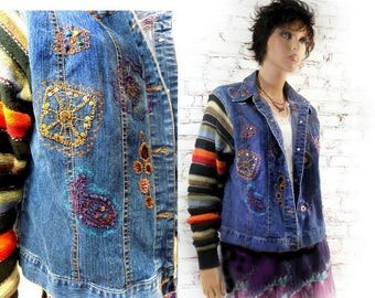 Sweater Jacket , blue jean jacket  , Shabby chic jacket , women's denim jacket , denim and sweater , sweater sleeve jacket , # 20