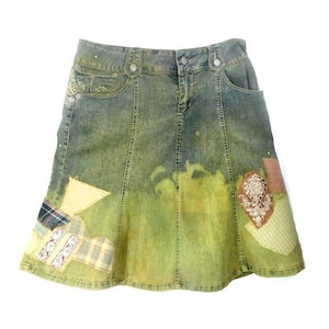 patchwork Denim Skirt-Upcycled Women&#39;s Jean Skirt- Denim OOAK Designer skirt, Blue denim skirt -Recycled Jeans  skirt - Size9