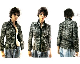 Altered couture clothing , Black and white jacket , embellished blazer , women's  OOAK clothing , Size 8 ,   # 10