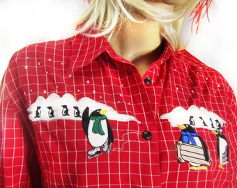 vintage Christmas shirt - Penguin shirt - Red Shirt Clothing, Christmas Party Clothing - size Large women -   # 26