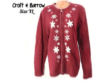 Snow Flake Christmas Clothing Women -crew neck Zipper Christmas Sweater - Tacky  Christmas Sweater- Craft & Barrow -size XL ,  # 8