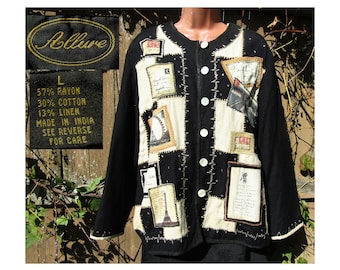 Kurtka damska vintage - kurtka boho bez podszewki, kurtka z haftowanymi naszywkami, kurtka boho - czarna marynarka z naszywkami - rozmiar L damska # 58