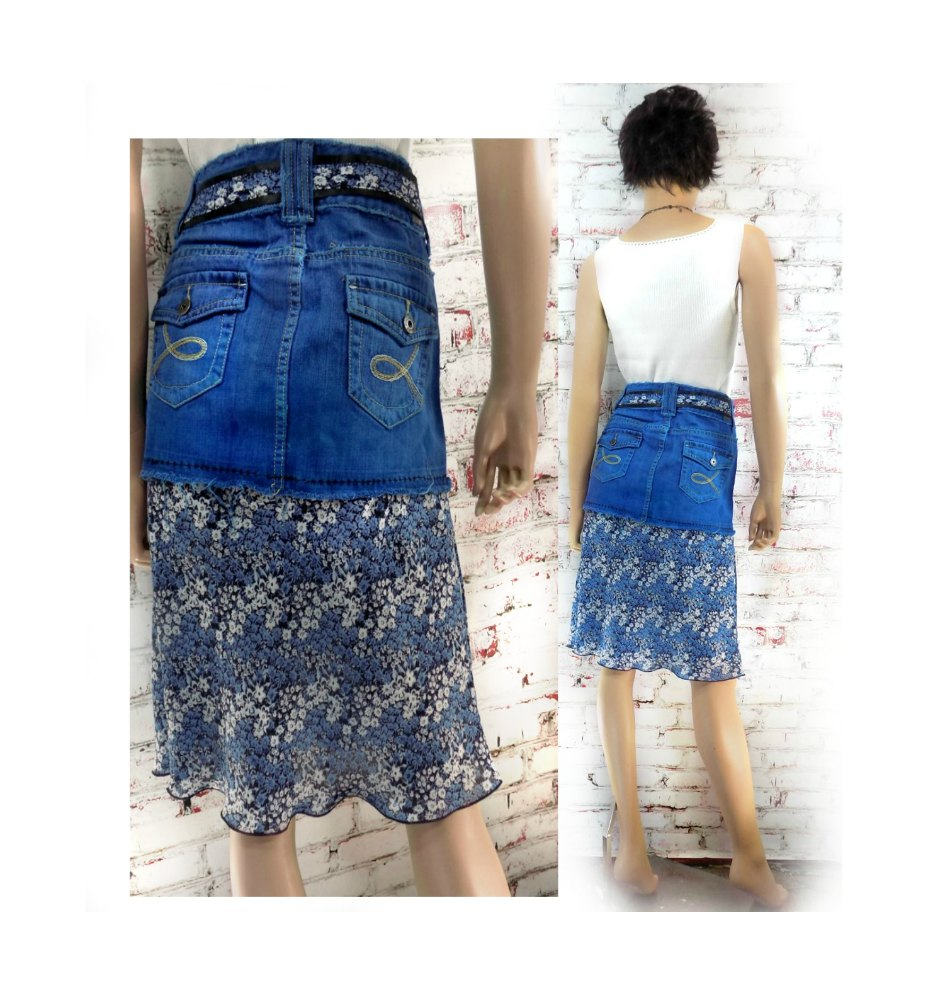 Upcycled blue and grey slip skirt 1