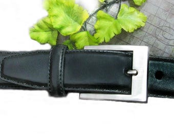 Vintage herrbälte i svart läder - unisexbälte - herrbälte, unisex läderbälte, klänningsbälte, silverfärgat spänne, storlek 36, # 21 Johnny