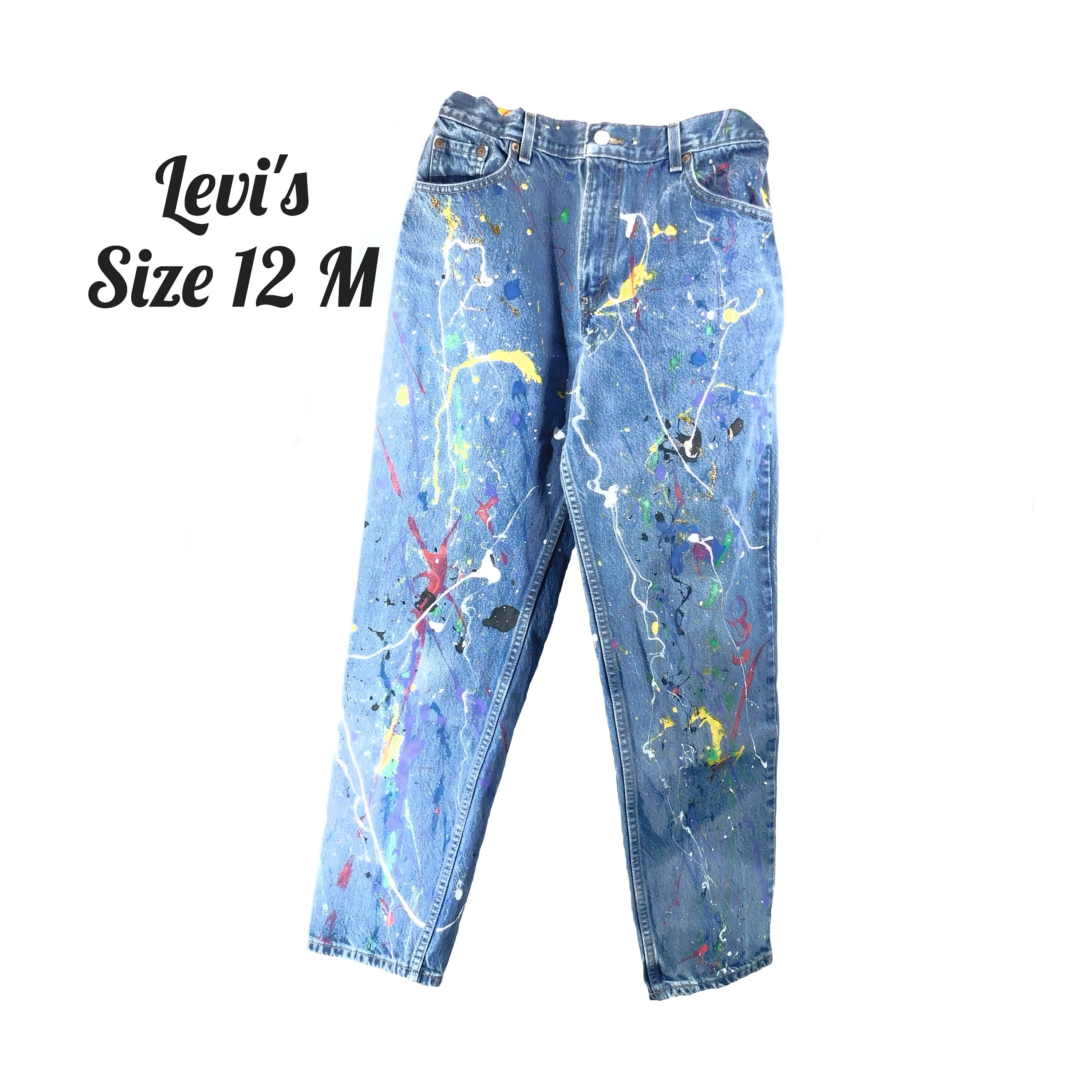 Hand Painted Jeans for Women high Waisted Denim Jeans Size 12 paint  Splatter Jeans Festival Clothing paint Splash Jeans upcycled Jeans 