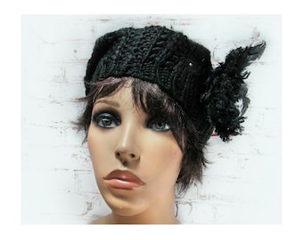Slouchy knit hat -black -knit hat women -beret for women -warm winter cap women -hand knit cap women -Hand Knitted Beanie, Chunky Knit Hat
