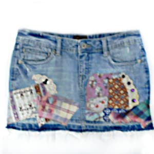 Denim Mini skirt  -upcycled denim skirt, Acid wash denim skirt - Denim Patchwork Skirt-blue jean skirt -  Size 5/6 skirt,    #
