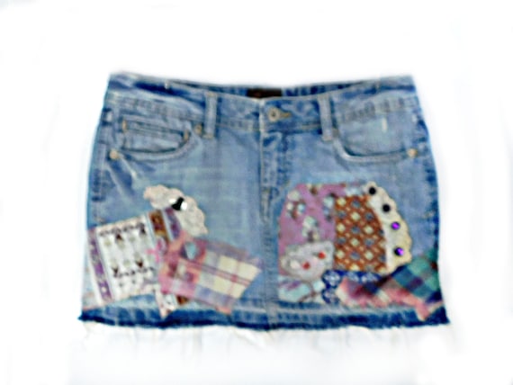 Denim Mini Skirt upcycled Denim Skirt Acid Wash Denim Skirt Denim Patchwork Skirt blue Jean Skirt Size 5 6 Skirt Etsy