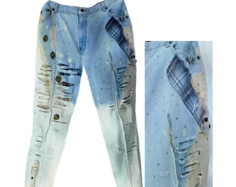high waisted destroyed jeans, Vintage denim jeans women , ripped torn jeans -distressed jeans,  size 17/18 petite,  # 6
