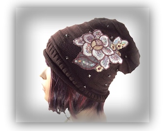 slouchy beanie, knit beanie, brown beanie,slouchy hat,   # 15