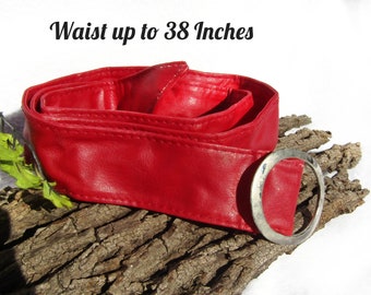 Vintage red Leather belt women -wide red belt -leather belt -Medium/Large belt waist Up to 38"  # 37
