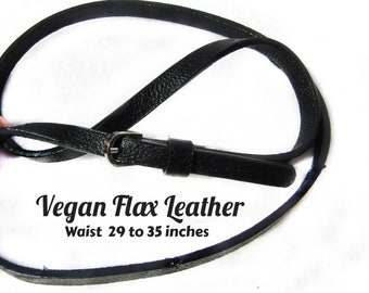 Vintage Black skinny belt- thin belt women - Vegan Flax Leather Skinny Thin Belt -  Narrow Waist Belt,   waist 29 to 35 inches  # 46