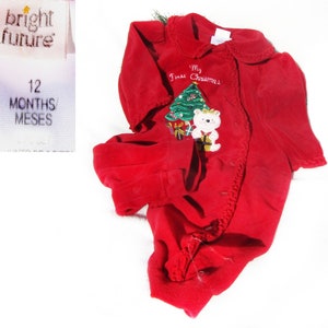 Vintage Christmas Sleeper -12 months Red Christmas PJ&#39;s- Holiday Christmas Pajamas - snap Footed  Romper -Christmas photo outfit # 14 Child