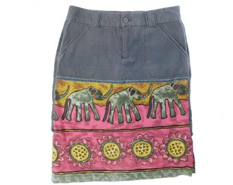 Vintage Elephant Print Skirt- OOAK Designer skirt, Hippie Skirt Bohemian Skirt Festival Skirt -Recycled Jeans skirt - Size 6 -    # 28