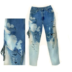 distressed blue jeans,High waisted destroyed jean,  reworked jeans, upcycled jeans,  size 12,  # 2