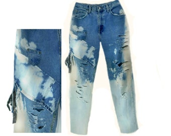 distressed blue jeans,High waisted destroyed jean,  reworked jeans, upcycled jeans,  size 12,  # 2