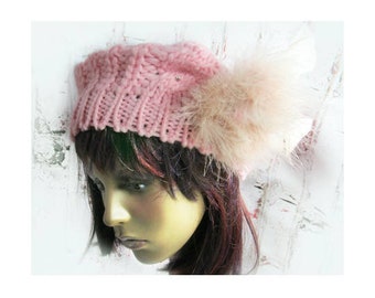 Knit slouchy beanie -Handmade knit hat women, Pink knit beret for women, Wool beret women , Cable knit hat, Knit winter hat