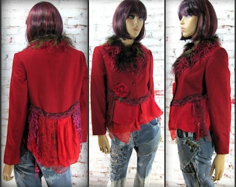 Red wool Blazer, wearable art clothing, OOAK clothing, women's blazer,   # 30
