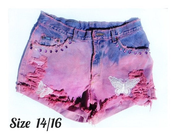 purple high waisted denim shorts