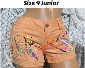 hand painted shorts -  size 9 shorts ,peach shorts- Dickies shorts -high waisted denim shorts - Boho denim shorts - OOAK shorts -- # 10
