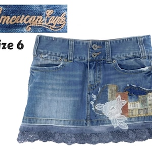 Denim Mini skirt  -upcycled denim skirt, Acid wash denim skirt - Denim Patchwork Skirt-blue jean skirt -  Size 6 skirt,    # 35
