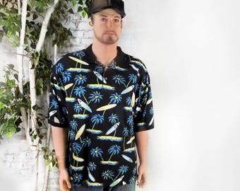 Vintage Hawaii Polo Shirt -Big Tall Clothing men - black palm tree knit polo- short sleeve Polo - collared knit Polo,  size 3 XL, #
