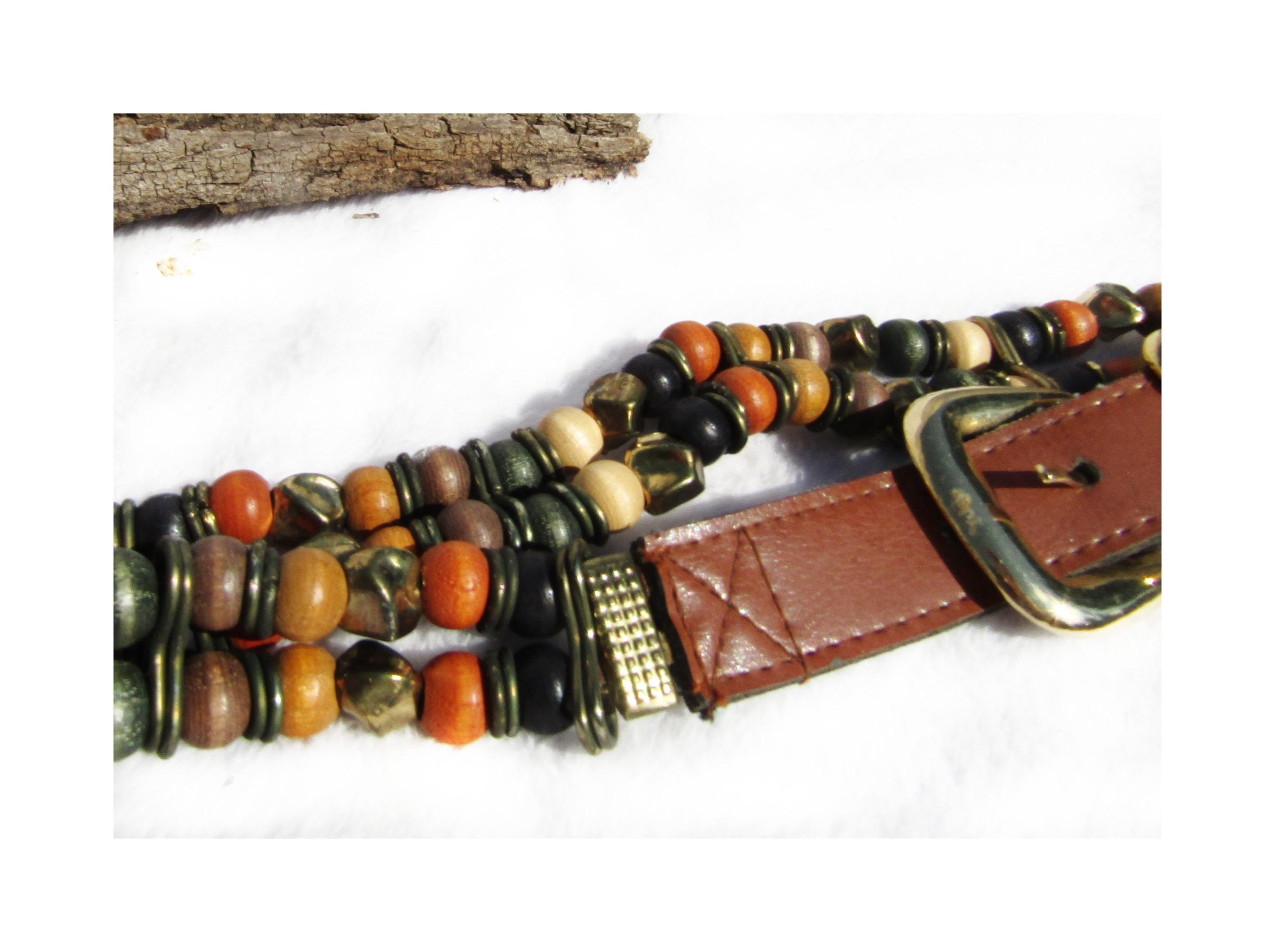 Vintage Size Medium/Large Black Leather Wooden Multi‎ Color Bead Belt Leather and Wooden Beaded Belt Costume Neutral Colors - Etsy main image 3