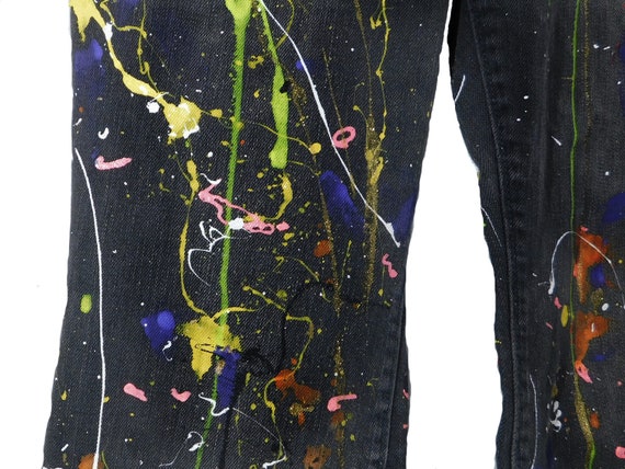 JeanniesArtToWear Hand Painted Jeans for Women -High Waisted Denim Jeans Size 12 -Paint Splatter Jeans Festival Clothing -Paint Splash Jeans -Upcycled Jeans
