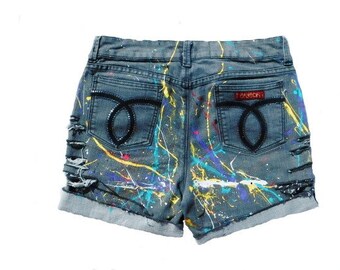 High Waisted Denim Shorts -size 14 Shorts, Boho Denim Shorts -OOAK