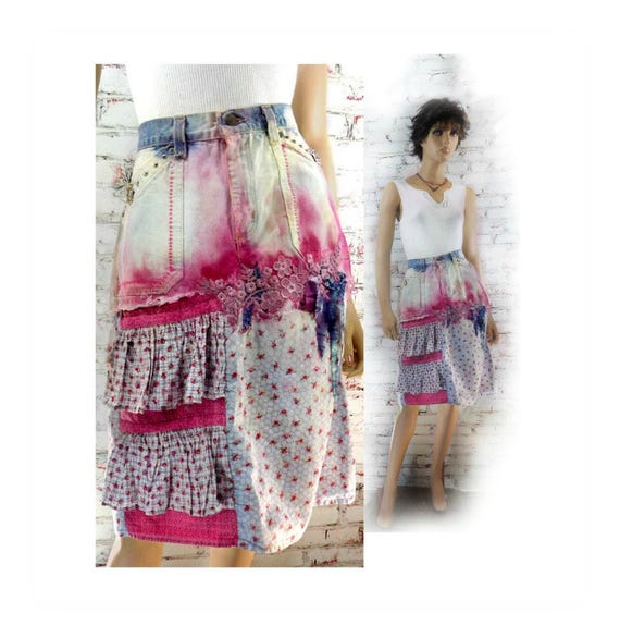 patchwork skirt - women's pink skirt - Bohemian S… - image 1