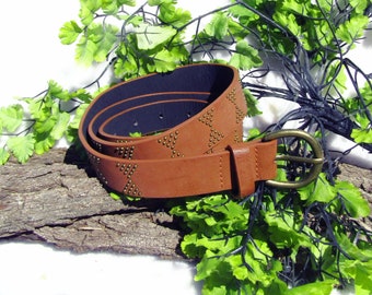 Vintage decorative belt women- stylish thin belt -Vegan Flax Leather Belt women -Carmel Brown Belt - waist 33 to 37 inches  # 39