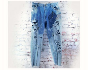 Destroyed jeans women - High waisted distressed jean, reworked blue jeans, vintage jeans, upcycled jeans,  size 14,  # 13