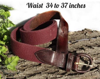 Vintage Burgundy woven belt - Leather Canvas belt men , preppy belt men - casual unisex belt - size up to 34 to 37 , # 24 Johnny
