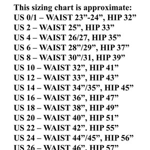 May include: A sizing chart for women's clothing, showing waist and hip measurements in inches for US sizes 0/1 through 26.