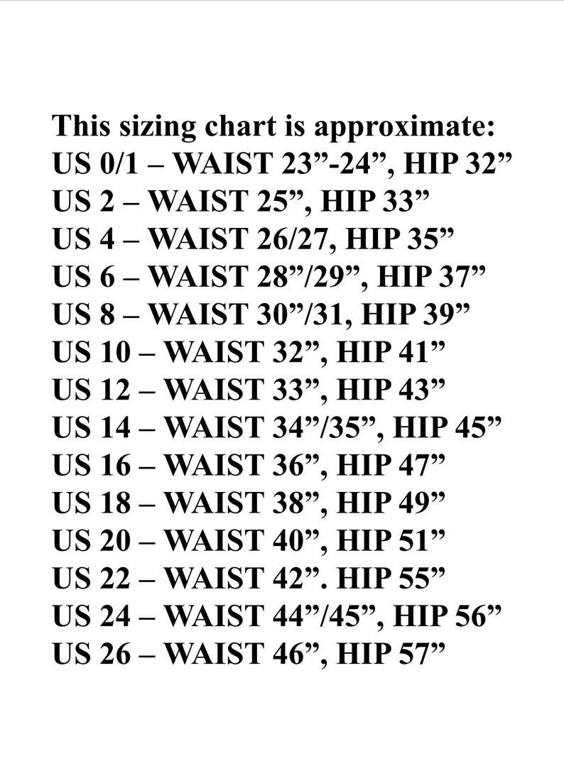 May include: A sizing chart for women's clothing, showing waist and hip measurements in inches for US sizes 0/1 through 26.