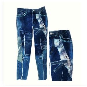 Path work denim jeans women -high waisted destroyed jeans, distressed jeans, reworked denim jeans women - size 14,  # 9