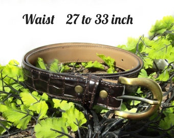 Vintage thin belt women- Brown belt women -Vegan Flax leather belt - snake skin Pattern belt - reptile belt - waist 27 to 33 inches # 47