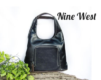 Vintage Black Nine West Small Purse - Bolso de mano negro - tote de doble asa, bolso de cuero vegano de lino - Boho Hobo Bag - # 23