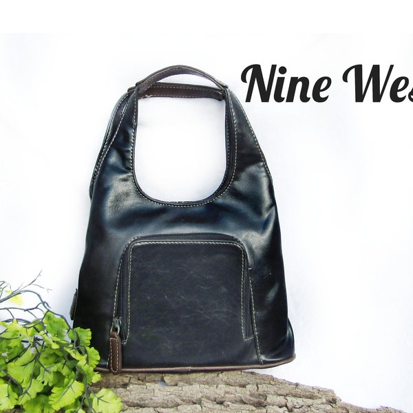 Vintage Black Nine West Small Purse - Black hand Bag - double handle tote ,Flax Vegan Leather purse -  Boho Hobo Bag -  # 23