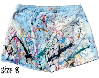 high waisted jean shorts - size 8 shorts- Boho denim shorts - OOAK shorts -hand painted shorts - denim shorts - free people shorts -  # 93