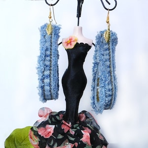 long denim earring- Boho denim earring - distressed denim earring - upcycled blue jean earring -denim earring - gift for her earring -# J 4